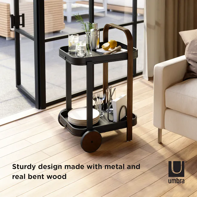 Bellwood Serving Cart - Black, Walnut - 9 - Sturdy design made with metal and real bent wood, sleek black metal cart with