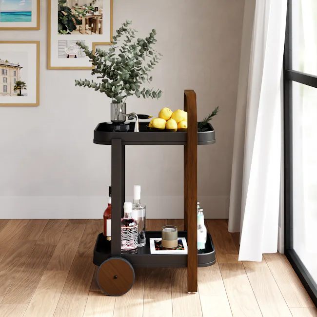 Bellwood Serving Cart - Black, Walnut - 11 - Modern minimalist interior, wooden floor, black kitchen cart, yellow lemons