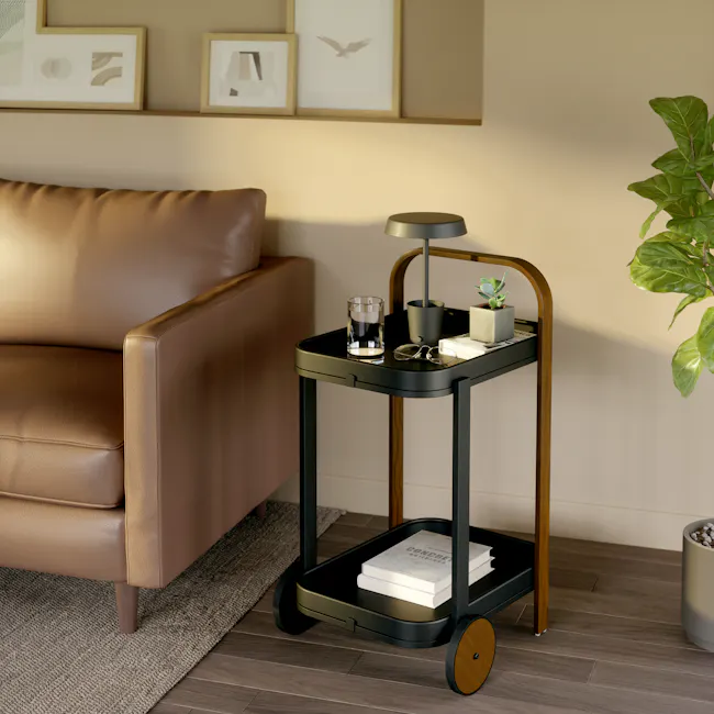 Bellwood Serving Cart - Black, Walnut - 10 - modern living room, cozy furniture, brown leather sofa, minimalist decor, black