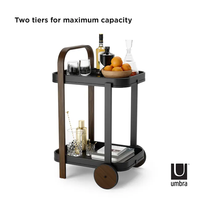 Bellwood Serving Cart - Black, Walnut - 7 - Two-tiered black metal cart with wooden accents, offers maximum capacity