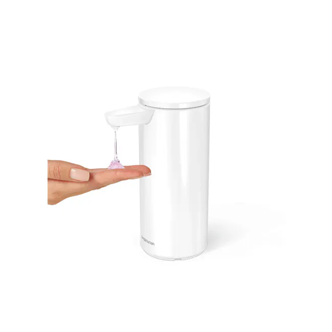 simplehuman 9oz Sensor Pump - White - 2 - White cylindrical device, sleek design, small pump dispenser, pink liquid