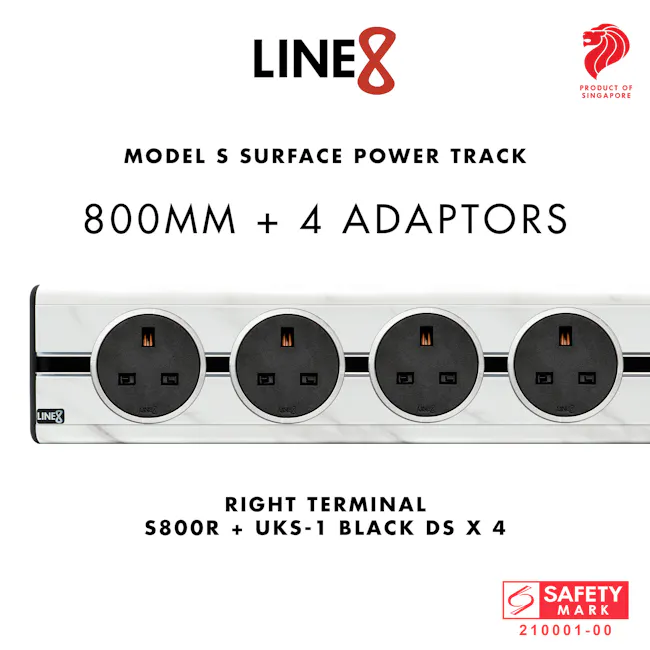 Line8 Power Track 800mm + 4 Adaptors Bundle - Indian White Marble - 6 - Surface Power Track with Right Terminal, UKS-1 Black