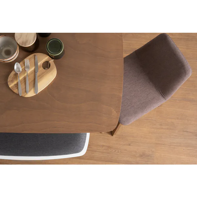 Harold Dining Table 1.5m - Cocoa - 6 - Wooden dining table, brown wooden surface, modern dining setup, brown and gray fabric