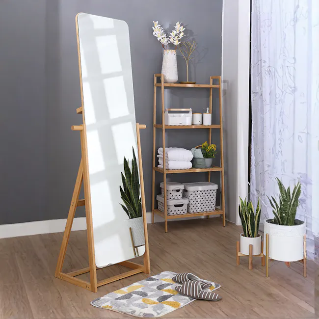 Lorin Standing Mirror 42 x 172 cm - Natural - 2 - Wooden mirror stand, gray wall, wooden frame, minimalist decor, white