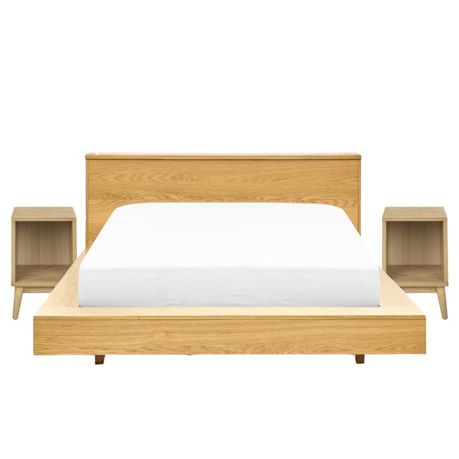 Akira Queen Storage Platform Bed with 2 Kyoto Single Shelf Bedside Tables in Oak - 0