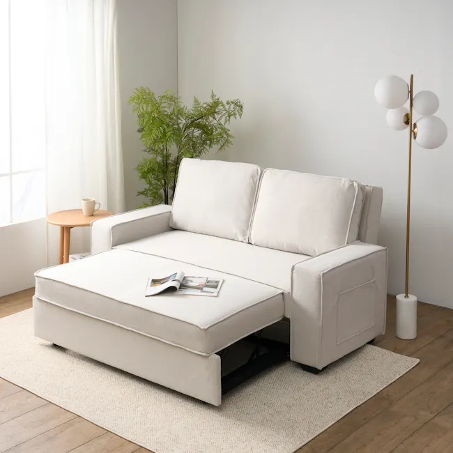 Arturo 2 Seater Sofa Bed - Beige (Eco Clean Fabric) - 22 - Modern minimalist living room, cozy seating area, light beige