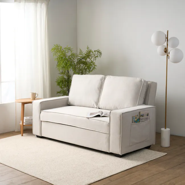 Arturo 2 Seater Sofa Bed - Beige (Eco Clean Fabric) - 20 - Light-colored, minimalist living room with modern furniture, soft