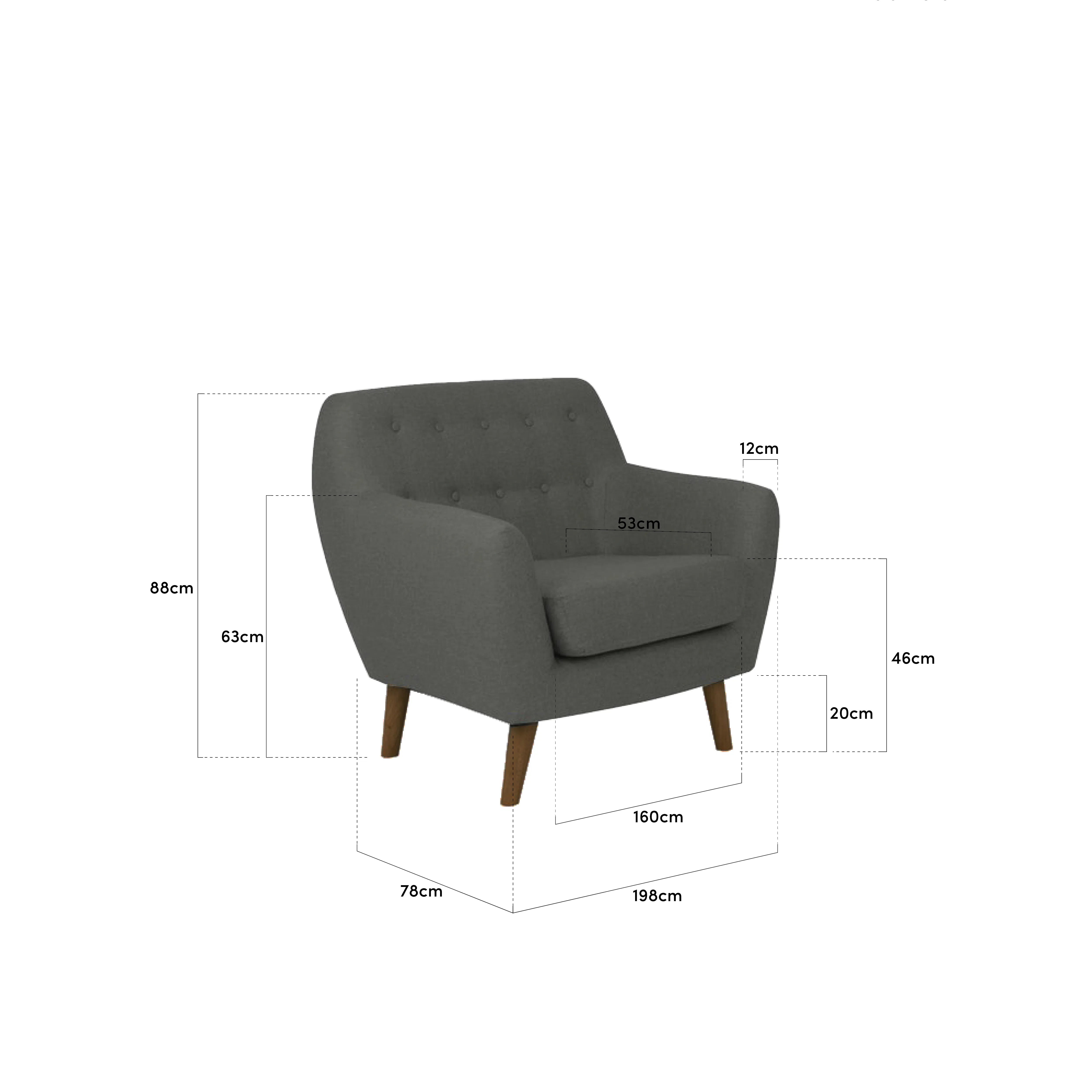 Emma 3 Seater Sofa with Emma Armchair - Sand - 17 - Grey upholstered armchair, 53 cm seat height, 12 cm backrest height, 46