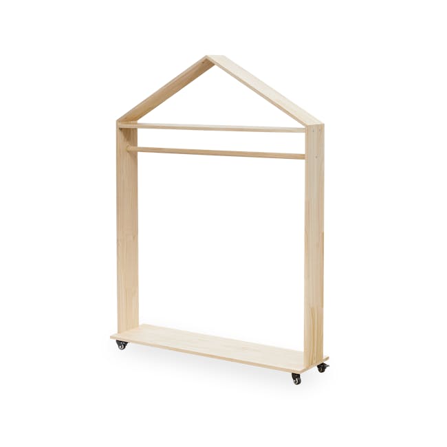 Nizu Kids House Clothes Rack with Wheels - 1 - Light wooden cart with movable shelves, minimalist design, light beige