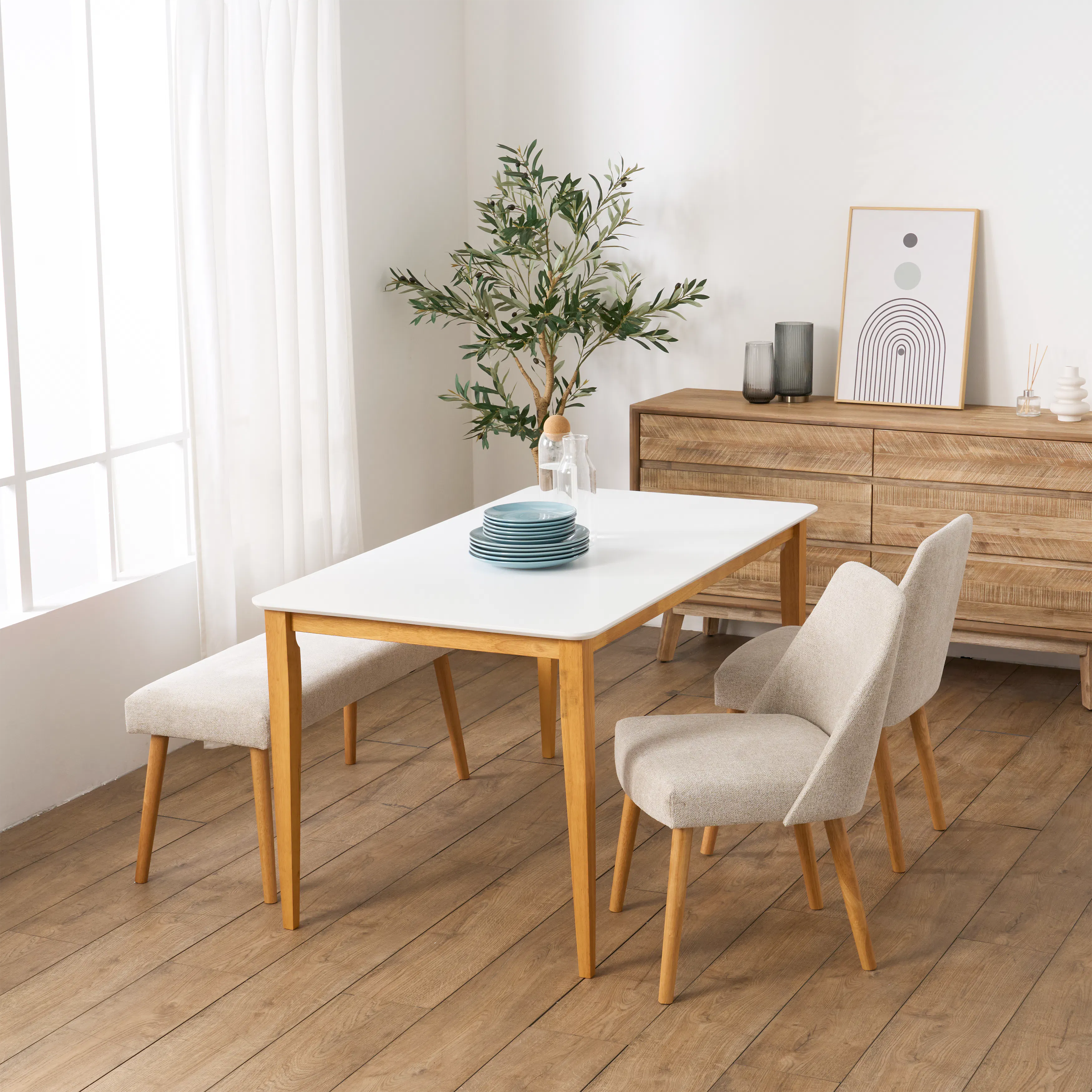 Miranda Chair - Natural, Beige - 11 - Modern dining room, minimalist design, wooden furniture, light beige chairs, white