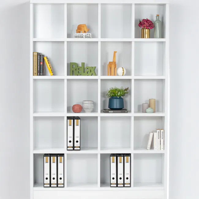 Harry 4x5 Shelving Unit - White - 4 - White bookshelf, minimalist design, organized shelves, modern decor, abstract art