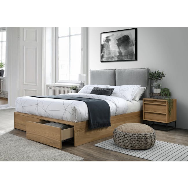 Cassius 2 Drawer Queen Bed in Walnut, Shark Grey with 2 Kyoto Top Drawer Bedside Tables in Walnut - 3