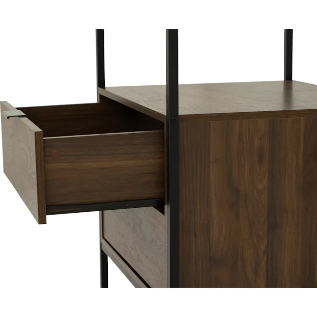 Capri Open Wardrobe with 2 Drawers - 17 - Wooden drawer unit, dark wood finish, metal frame, open drawer, minimalist design