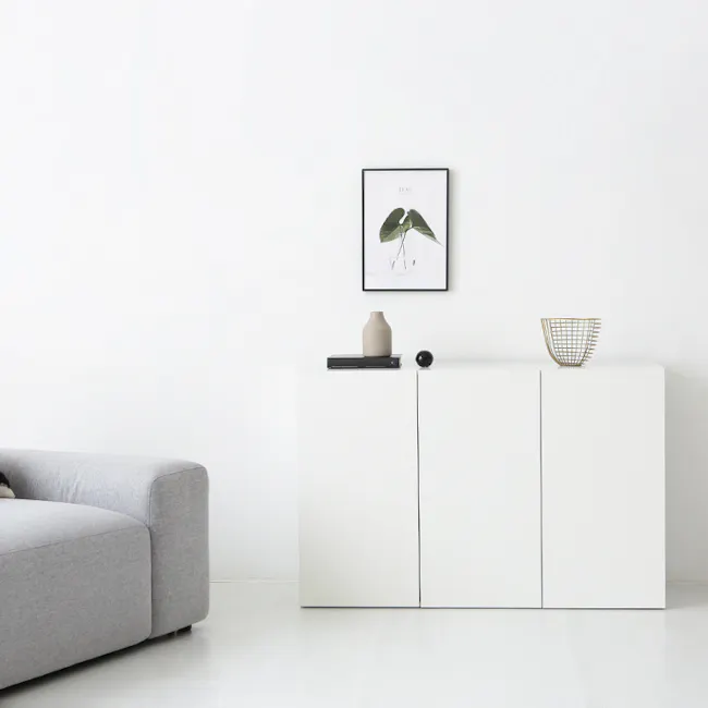 Fikk Modular 3 Door Cabinet - White - 5 - Minimalist living room, modern furniture, white walls, clean lines, contemporary