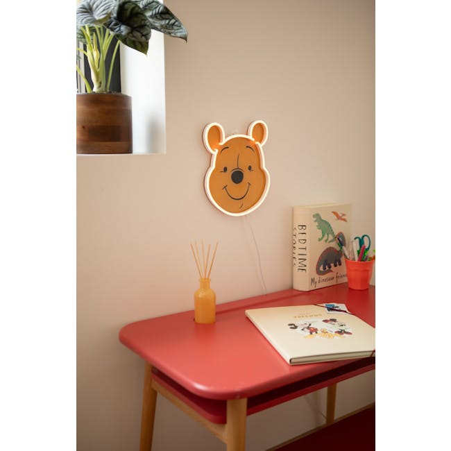 Yellowpop x Disney Winnie The Pooh Face LED Neon Sign - 2 - Children's room, cozy corner, red table, wooden chairs, potted