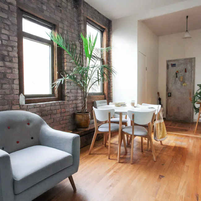 Harold Round Dining Table 1.05m with 4 Harold Dining Chairs in Natural, White - 2 - brick wall, rustic interior, large