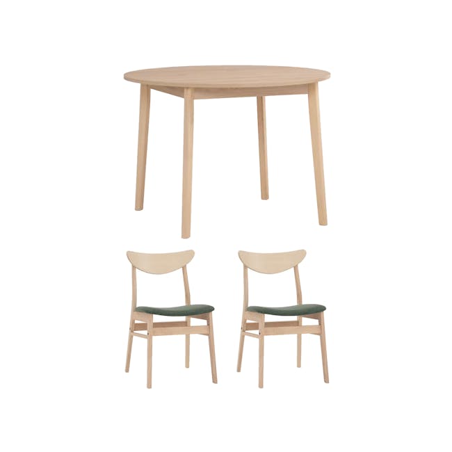 Sergio Round Dining Table 1m in Milk Oak with 2 Macy Dining Chairs in Green - 0