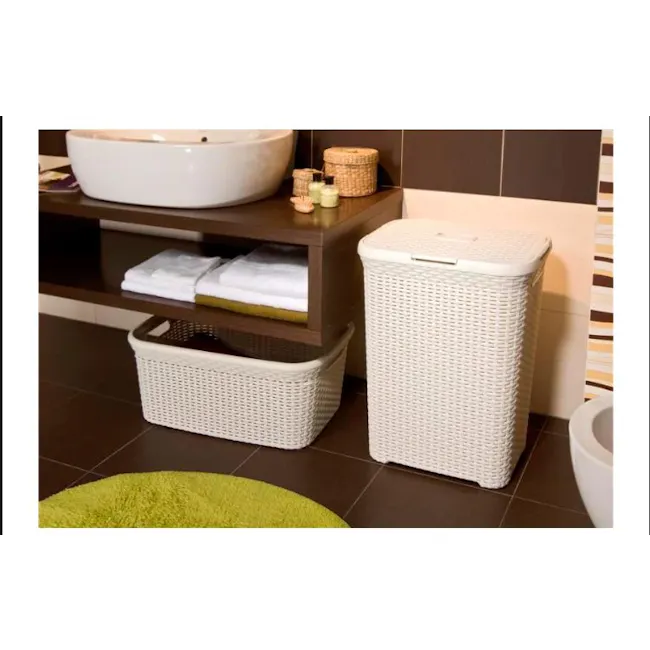 Rattan Style Rectangular Hamper with Lid - Dark Brown (2 Sizes) - 5 - Bathroom vanity, white sink, wooden shelf, neatly