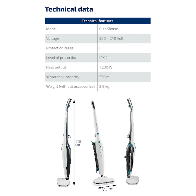 Leifheit Handheld Portable Steam Mop Steam Cleaner - 5 - CleanTenso 220-240 Volt Model, IPX 4 Protection Class, 1, 200 W