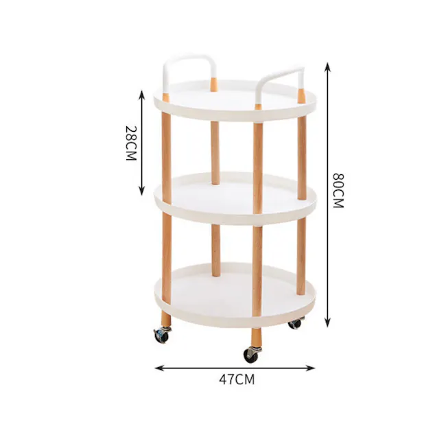 Willa 3-Tier Wood Accent Trolley - Round - 5 - Ergonomic multi-tiered storage cart with wooden legs and wheels, Compact