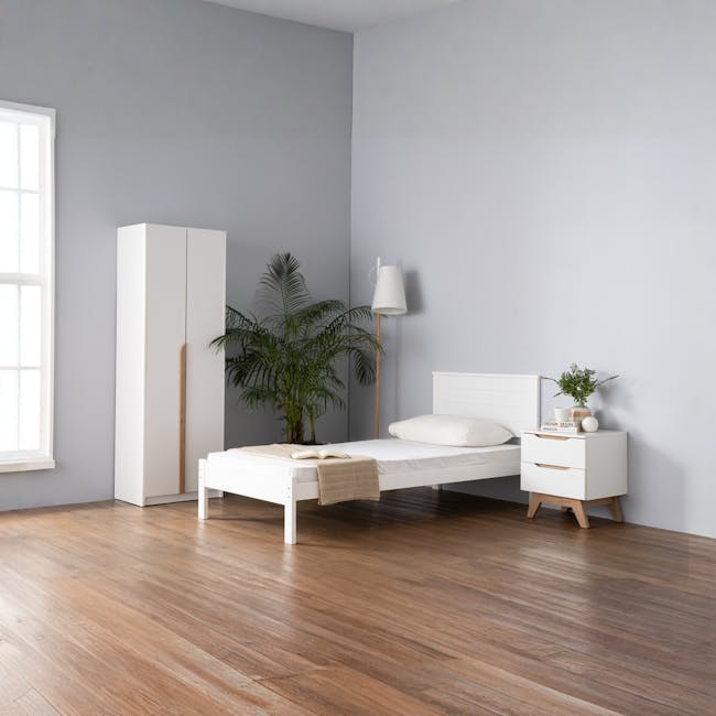 Miah 2 Door Wardrobe - Natural, White - 7 - Modern minimalist bedroom, white furniture, wooden floor, large window, potted