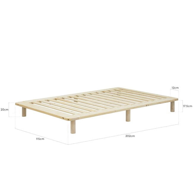 Hiro Single Wooden Platform Bed - 5 - Wooden bed frame, 20 cm width, 12 cm height, 5 cm depth, 115 cm length, 202 cm width