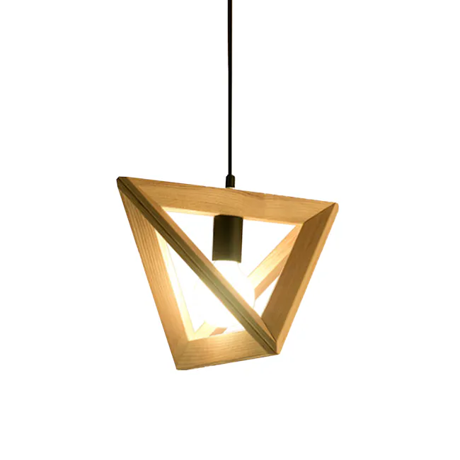 (As-is) Triangle Wooden Pendant Lamp - 1 - Wooden geometric pendant light, minimalist design, triangular frame, warm