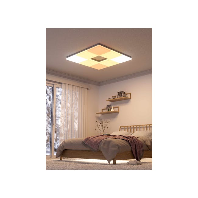 Nanoleaf Skylight Starter Kit (3 Pack) - 5 - Modern bedroom with large window, soft beige carpet, wooden bed frame, cozy