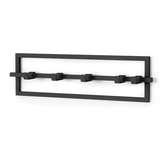 Cubiko Wall Hook - Black - 5 - Black metal wall shelf with adjustable hooks, minimalist design, sleek finish, rectangular