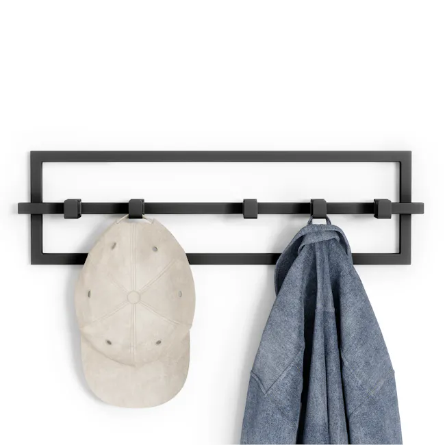 Cubiko Wall Hook - Black - 1 - Black metal wall-mounted rack, beige baseball cap, blue denim jeans, textured fabric