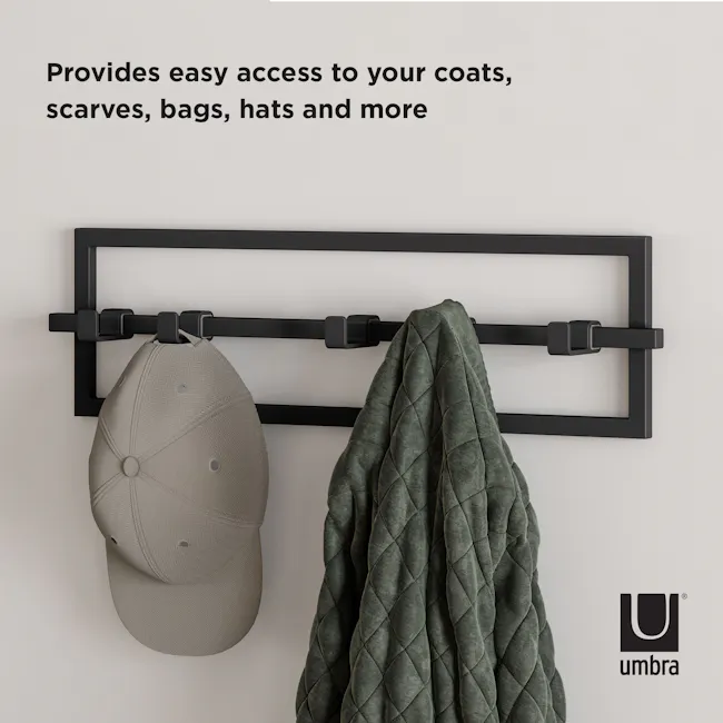 Cubiko Wall Hook - Black - 2 - black coat rack, easy access, gray baseball cap, green quilted jacket, minimalist design