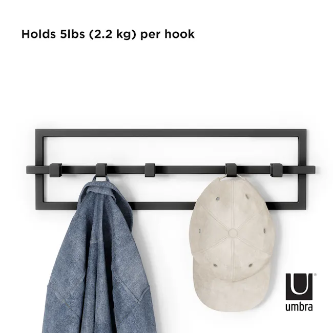 Cubiko Wall Hook - Black - 8 - Black metal hook, denim jacket, beige baseball cap, fabric display, 5lbs per hook, adjustable