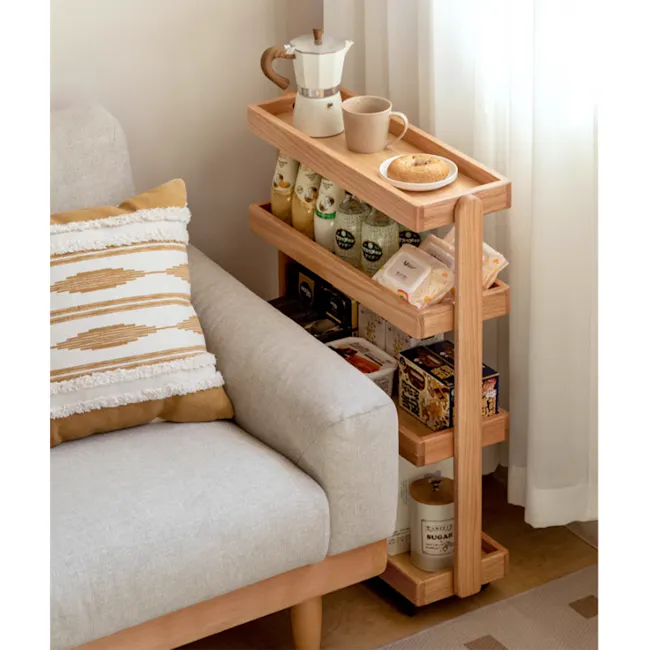 Fika 4-Tier Narrow Trolley 0.6m - Oak - 9 - Light gray sofa, wooden coffee table, neatly arranged tea set, beige and white