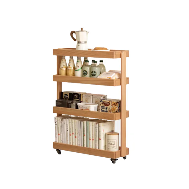 Fika 4-Tier Narrow Trolley 0.6m - Oak - 1 - Wooden kitchen cart, minimalist design, multi-level storage, wooden shelves