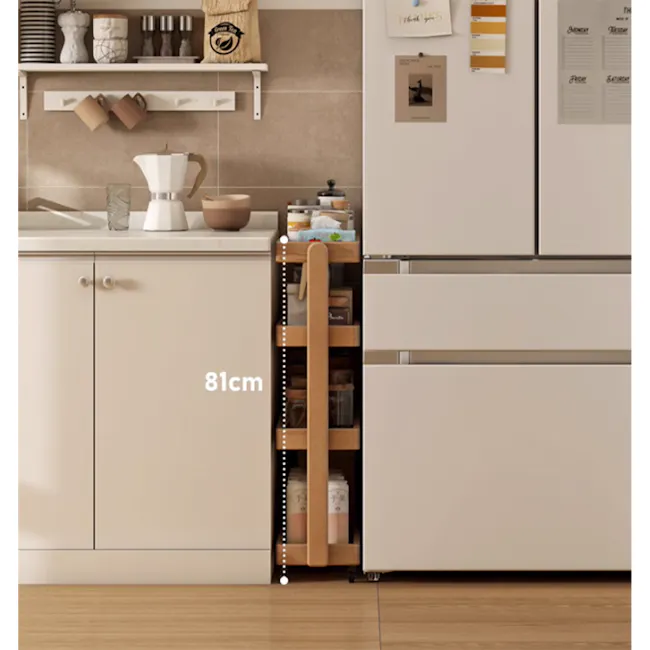 Fika 4-Tier Narrow Trolley 0.6m - Oak - 7 - Kitchen drawer pull, compact storage, dual drawer pull, kitchen shelving unit