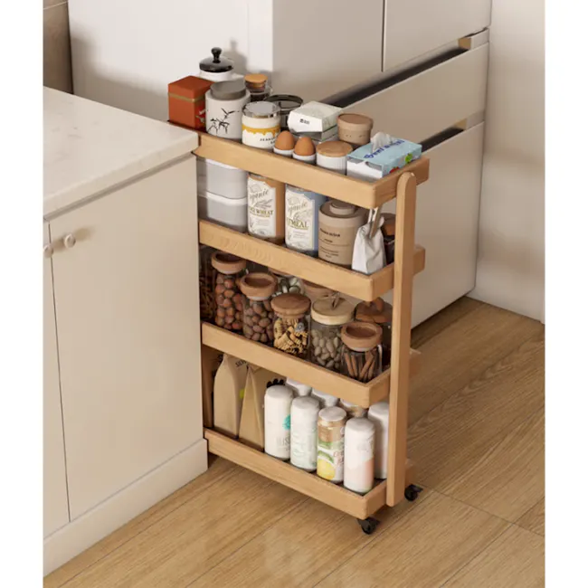 Fika 4-Tier Narrow Trolley 0.6m - Oak - 12 - Wooden kitchen cart, neatly organized pantry, white cabinets, light wood