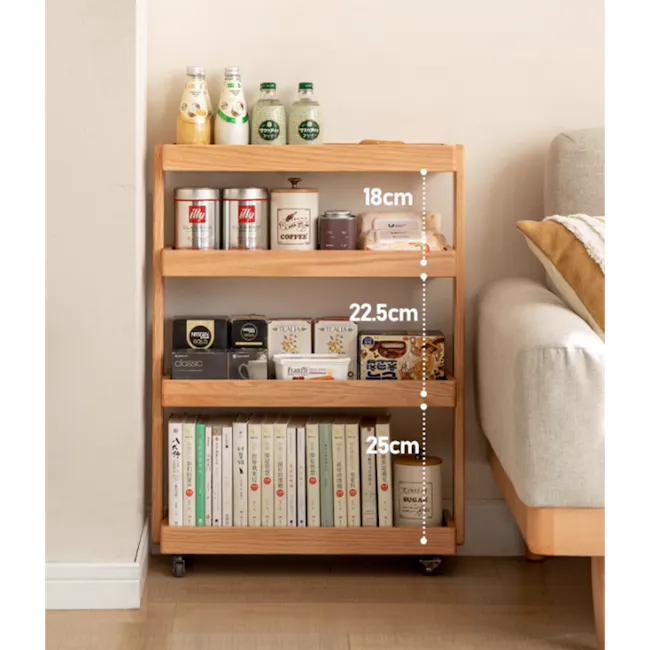 Fika 4-Tier Narrow Trolley 0.6m - Oak - 4 - Wooden shelf, 18 cm height, 5 cm depth, 25 cm width, neatly organized, coffee