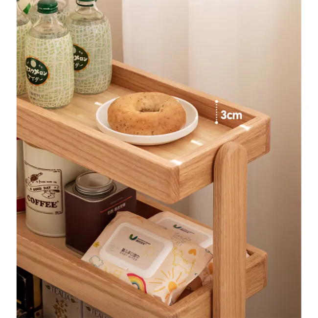 Fika 4-Tier Narrow Trolley 0.6m - Oak - 8 - Wooden shelf, small white plate, bagel, 3cm height, coffee containers, Japanese