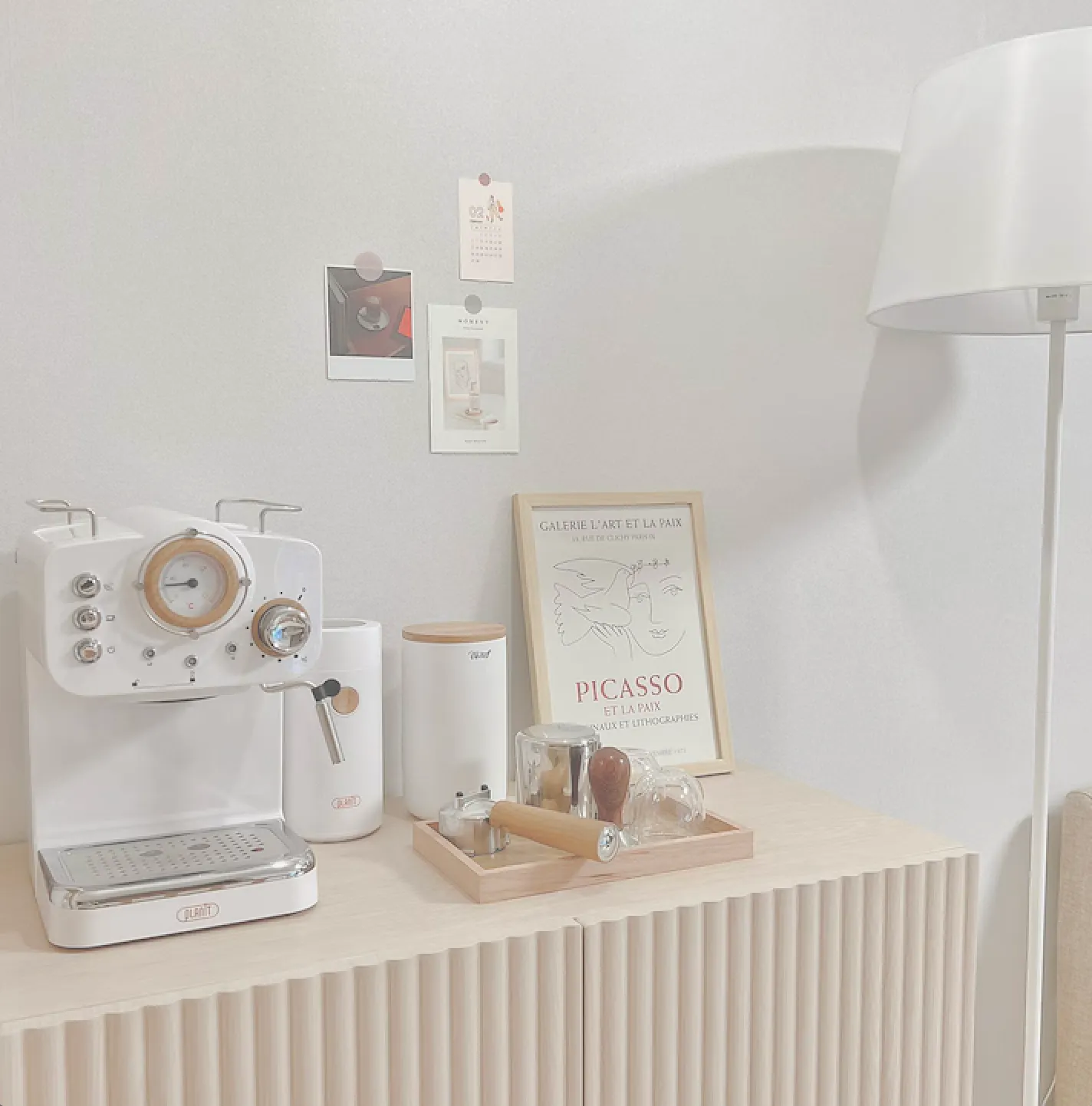 Heidi Tall Cabinet 1.2m - Oak - 9 - White espresso machine, minimalist decor, modern kitchen counter, wooden tray, coffee