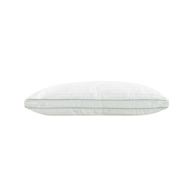 MaxCoil Panel Loft 7 Hole Fibre Fill Pillow - 5 - White cushion with green stitching, soft and comfortable, ergonomic