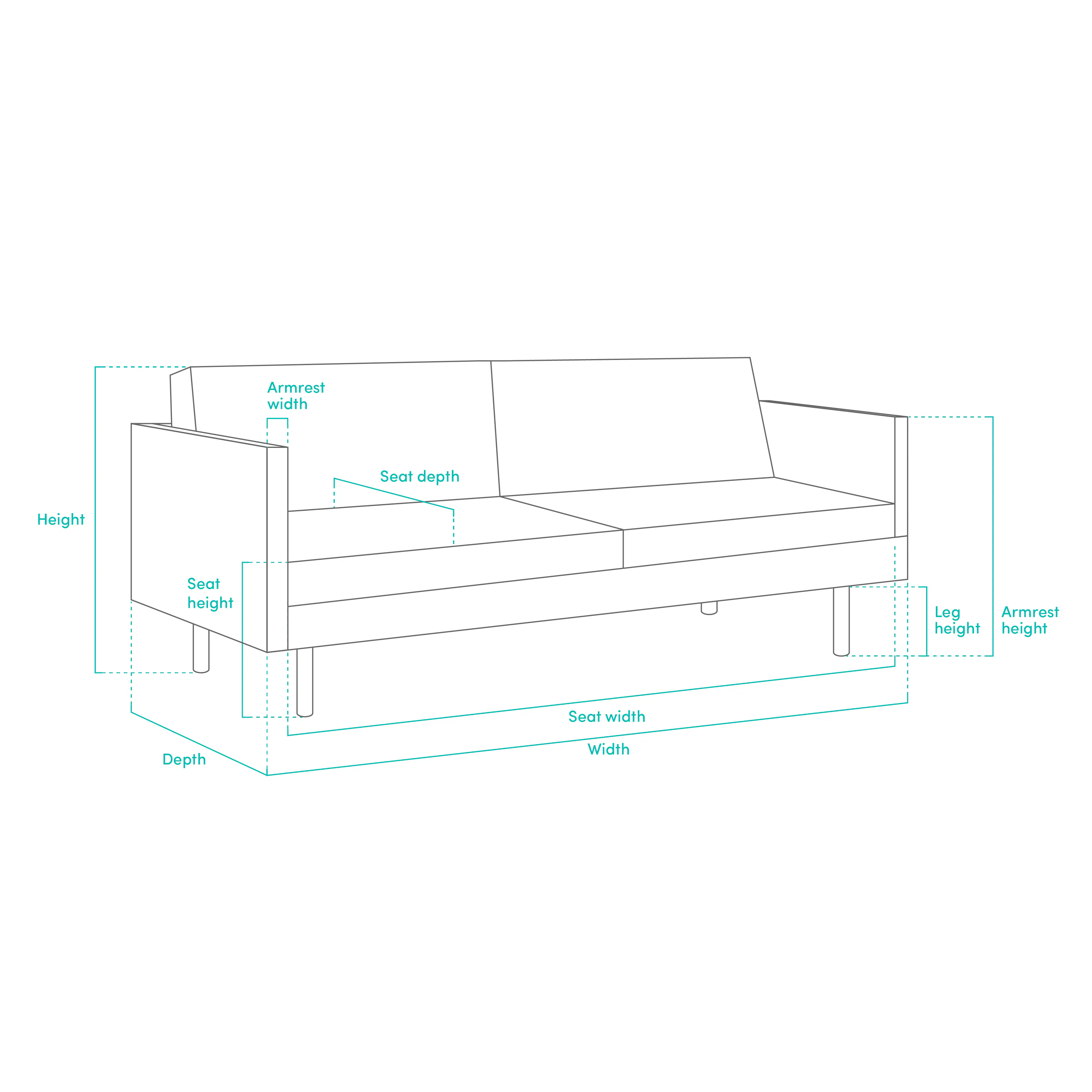 Bennett 3 Seater Sofa - Gray Owl - 13 - Height, Seat height, Seat depth, Seat width, Armrest height, Leg height, Depth, Width