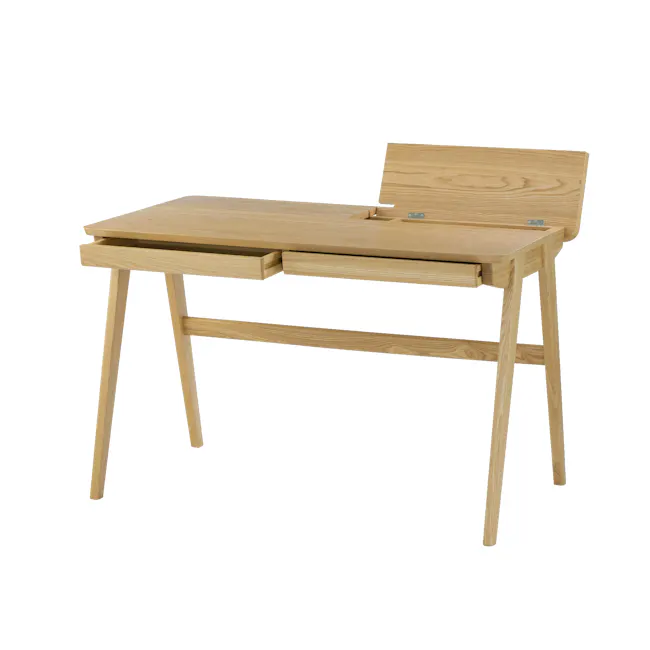 Keir Study Table 1.1m - 7 - Light wooden table, minimalist design, natural wood grain, horizontal blinds, vertical lines