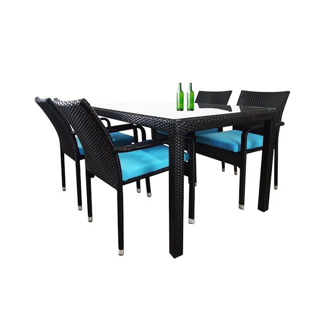 Boulevard Outdoor Dining Set with 4 Chair - Blue Cushion - 1 - Woven dining table, black and blue chairs, outdoor furniture