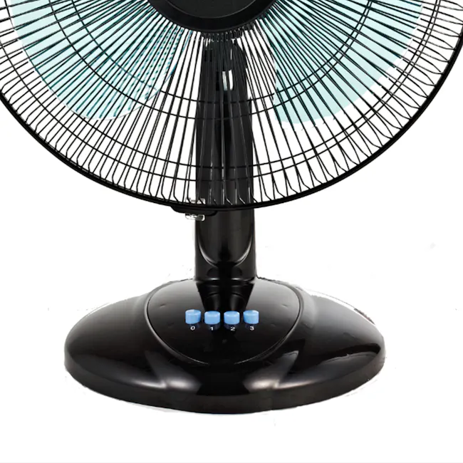 MORRIES 12 Inch Desk Fan - 3 - Black electric fan with blue control buttons, sleek design, multiple blades, adjustable speed