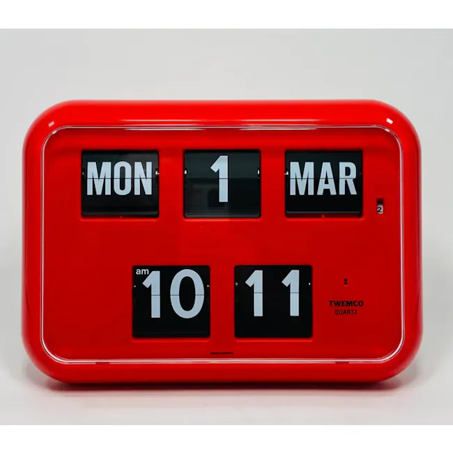 TWEMCO Big Calendar Flip Wall Clock - Red - 4 - Red Timed Clock, Mon 1 Mar, AM 10 11, TWEMCO Quartz, Digital display