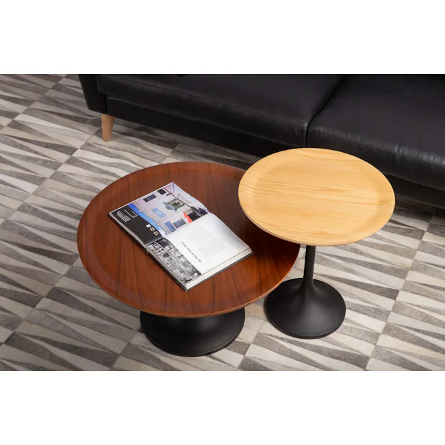 (As-is) Pablo Round Coffee Table - Walnut - 2 - 11 - Modern living room, stylish coffee table, black leather sofa, geometric