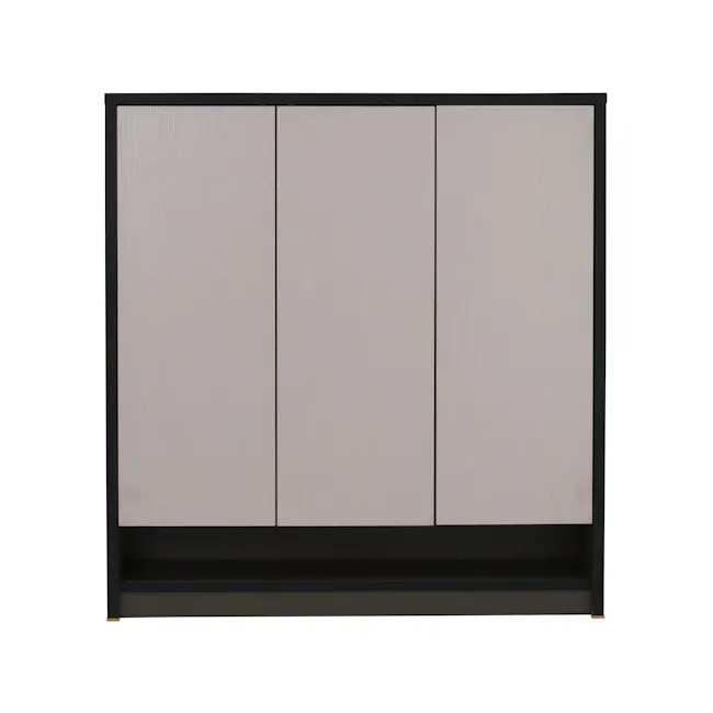 Harvey 3 Door Shoe Cabinet - Grey - 1 - Wooden cabinet with black frame, minimalist design, light wood paneling, vertical