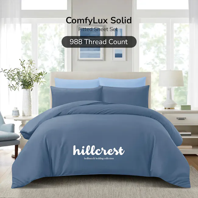 Hillcrest ComfyLux Solid 988TC Fitted Sheet Set - Coronet Blue (4 Sizes) - 2