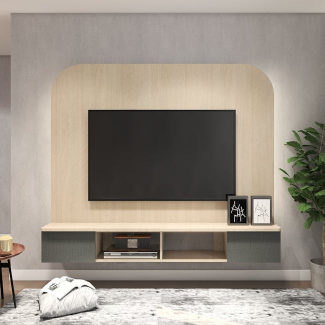 Freya TV Console Feature Wall - Herringbone Oak, Graphite Linen - 2