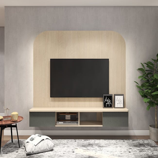 Freya TV Console Feature Wall - Herringbone Oak, Graphite Linen - 0